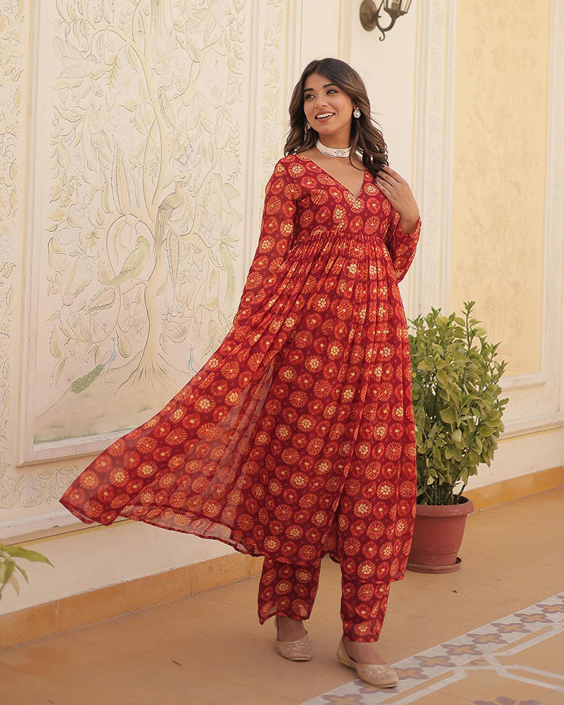 Womenline Designer Red Color Georgette Printed Co-Ord Set