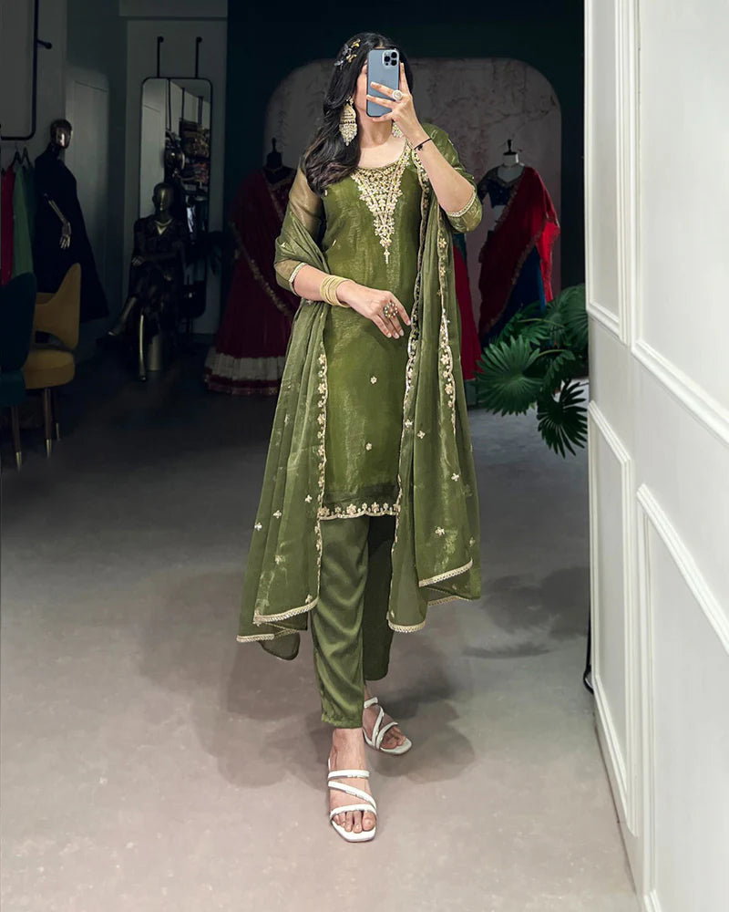 Womenline Olive Green Color Gold Coin Three Piece Kurti Suit