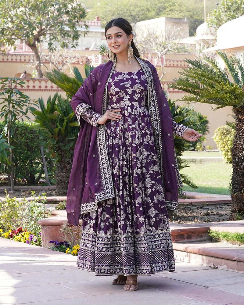 Womenline Designer Wine Color Sequence embroidered Viscose Jacquard Gown With Dupatta
