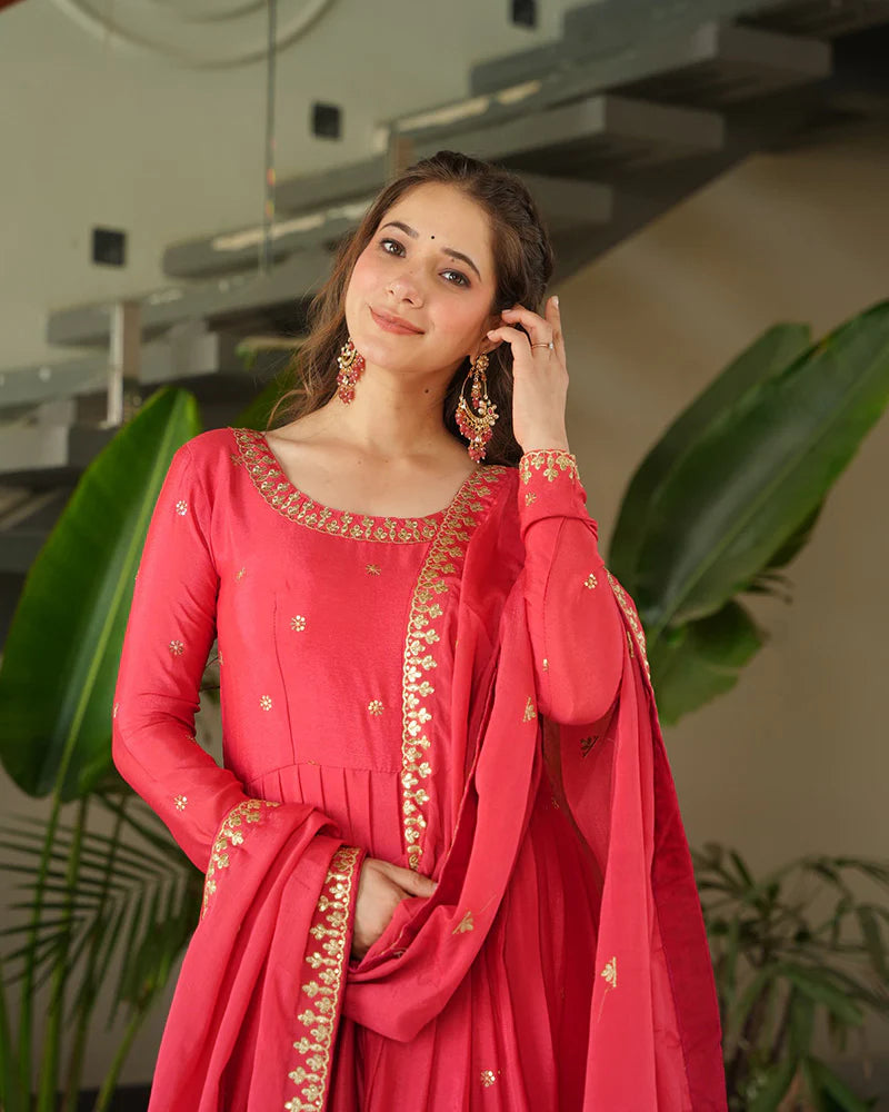 Womenline Peach Color Chinon Silk Sequins Embroidered Gown