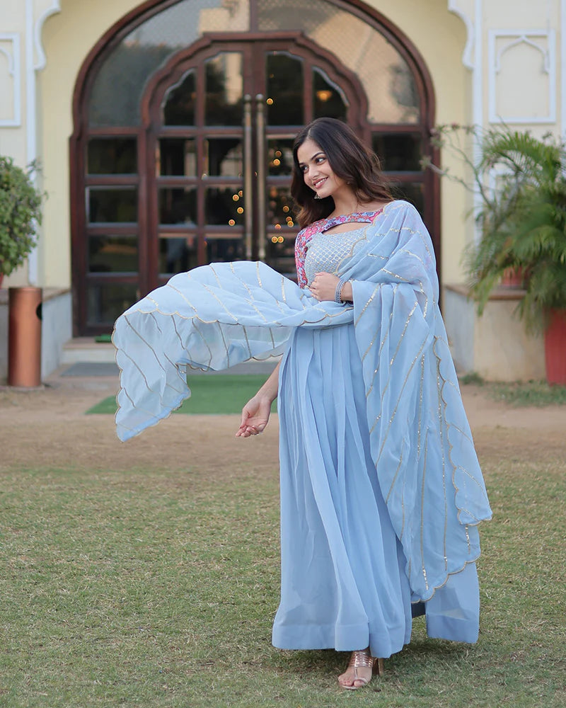 Womenline Sky Blue Color With Fancy Neck Faux Georgette Designer Anarkali Suit