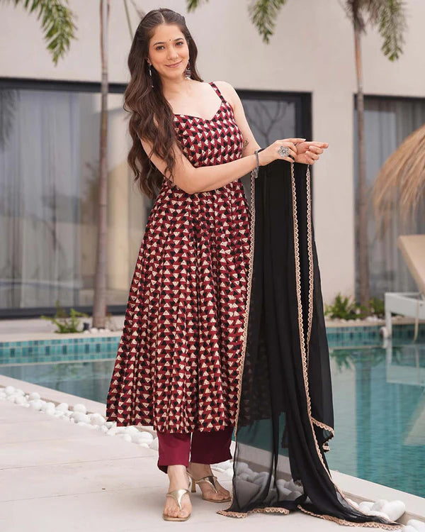 Womenline Red Color Triangle Printed Pure Cotton Anarkali Suit
