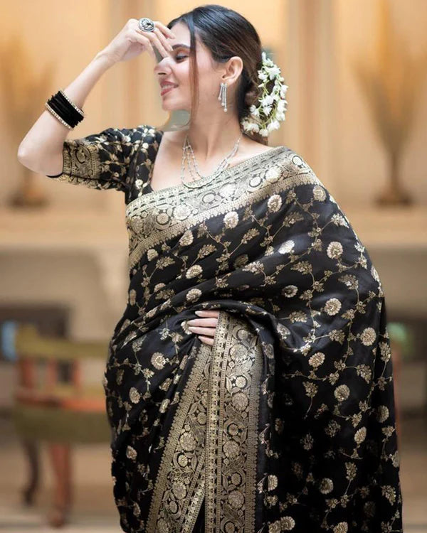 Womenline Black Color Banarasi Jacquard With Zari Work Saree
