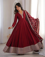 Womenline Maroon Color Vichitra Silk Embroidered Gown
