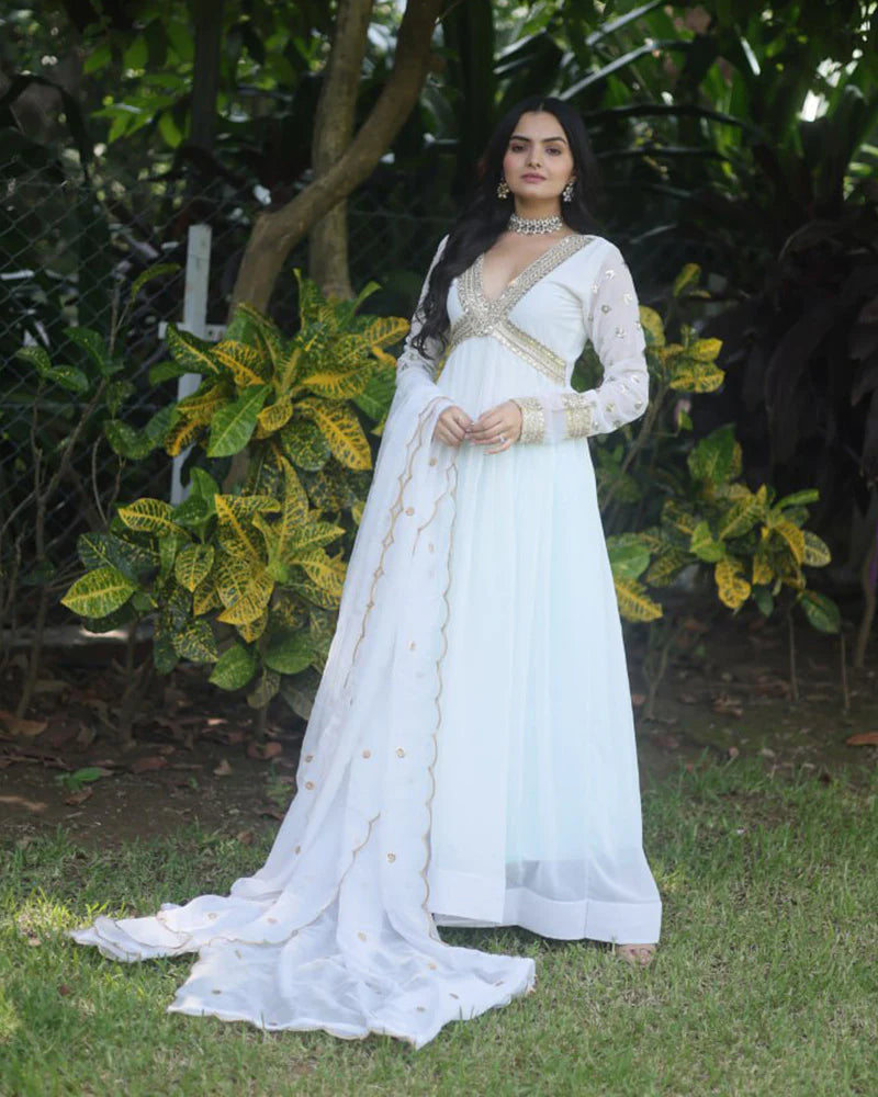 Womenline Wedding Wear Embroidered White Color Alia Cut Gown With Dupatta