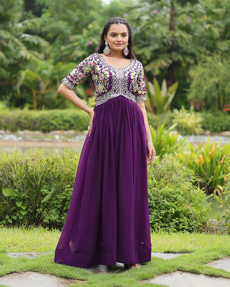 Womenline Purple Color Faux Blooming Embroidered Gown
