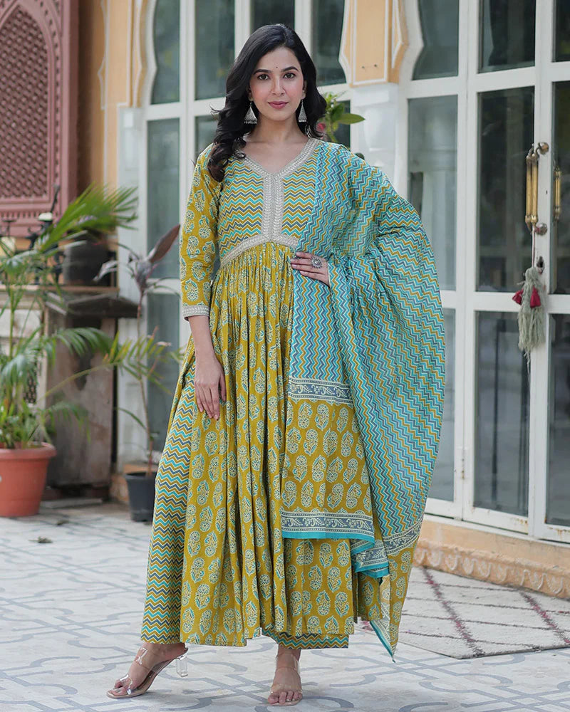Womenline Lime Green Color Printed Pure Cotton Three Piece Kurti Suit