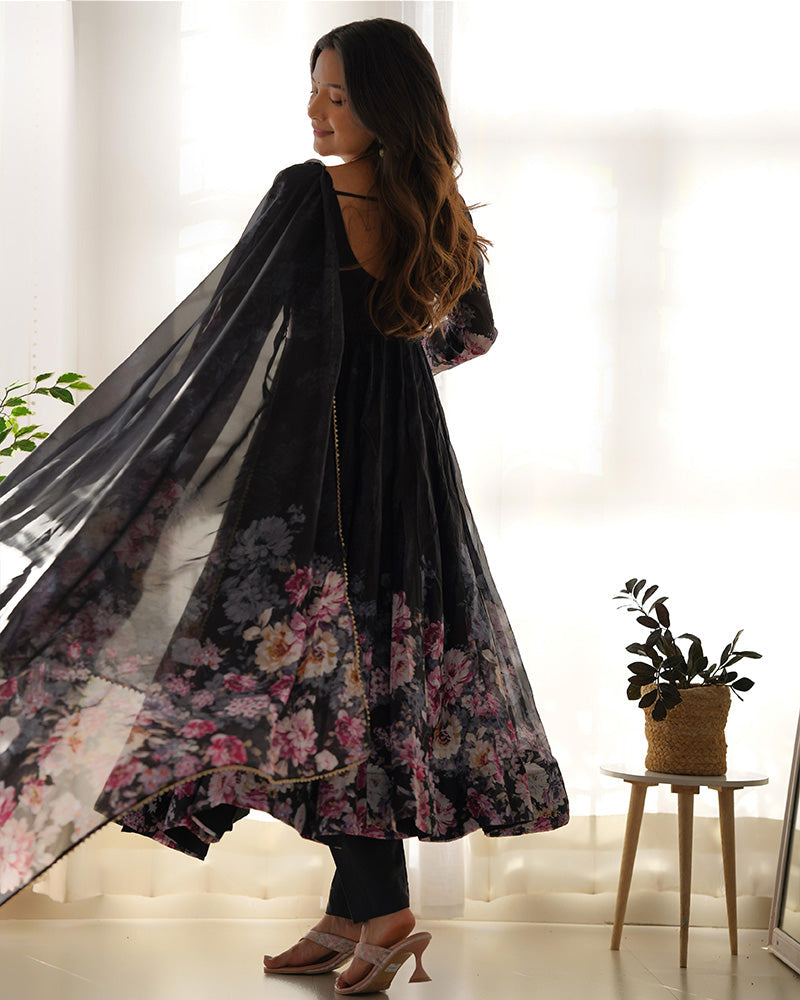 Womenline Black Color Floral Print Organza Three Piece Anarkali Suit