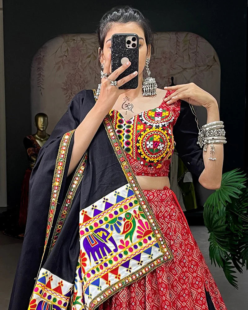 Womenline Red Color Cotton Gamthi Work Navratri Lehenga Choli