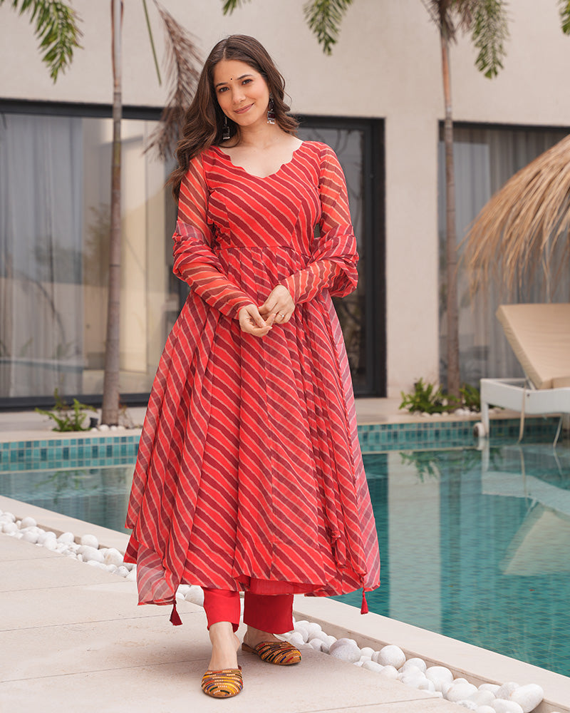 Womenline Orange And Brown Color Laheriya Print Tabby Organza Anarkali Suit