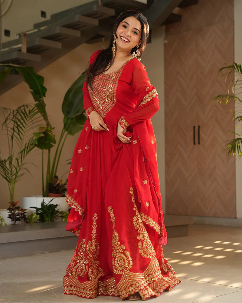 Womenline Red Color Faux Blooming Embroidered Gown