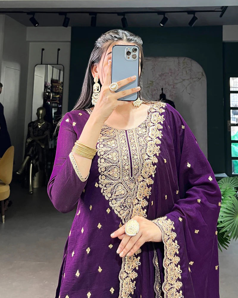 Womenline Purple Color Vichitra Silk Embroidered Three Piece Kurti Suit