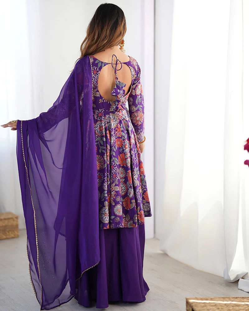 Womenline Purple Color Roman Silk Discharge Printed Plazzo Suit