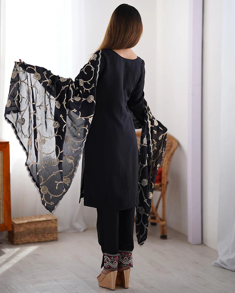 Womenline Black Color Chinon Silk Three Piece Kurti Suit