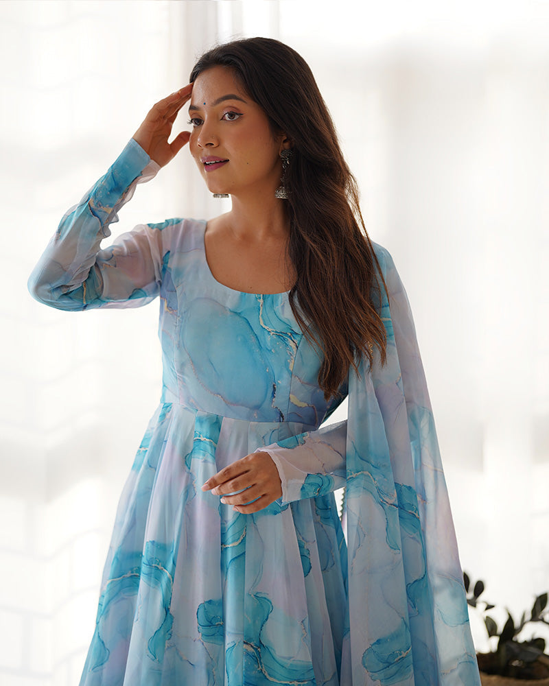 Womenline Sky Blue Color Pure Soft Organza Three Piece Anarkali Suit