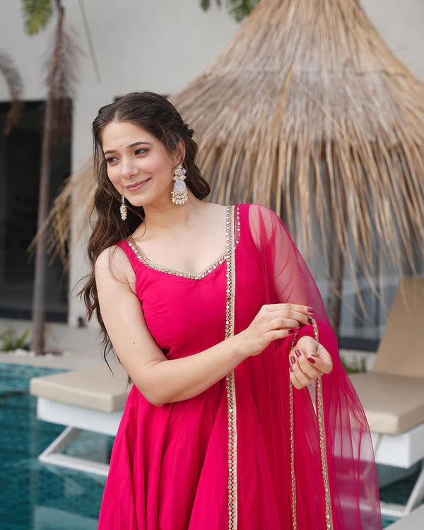 Womenline Rani Pink Color Chanderi Pure Roman Silk Anarkali Suit