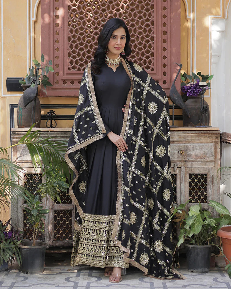 Womenline Black Color Star Georgette Sequence Embroidered Gown