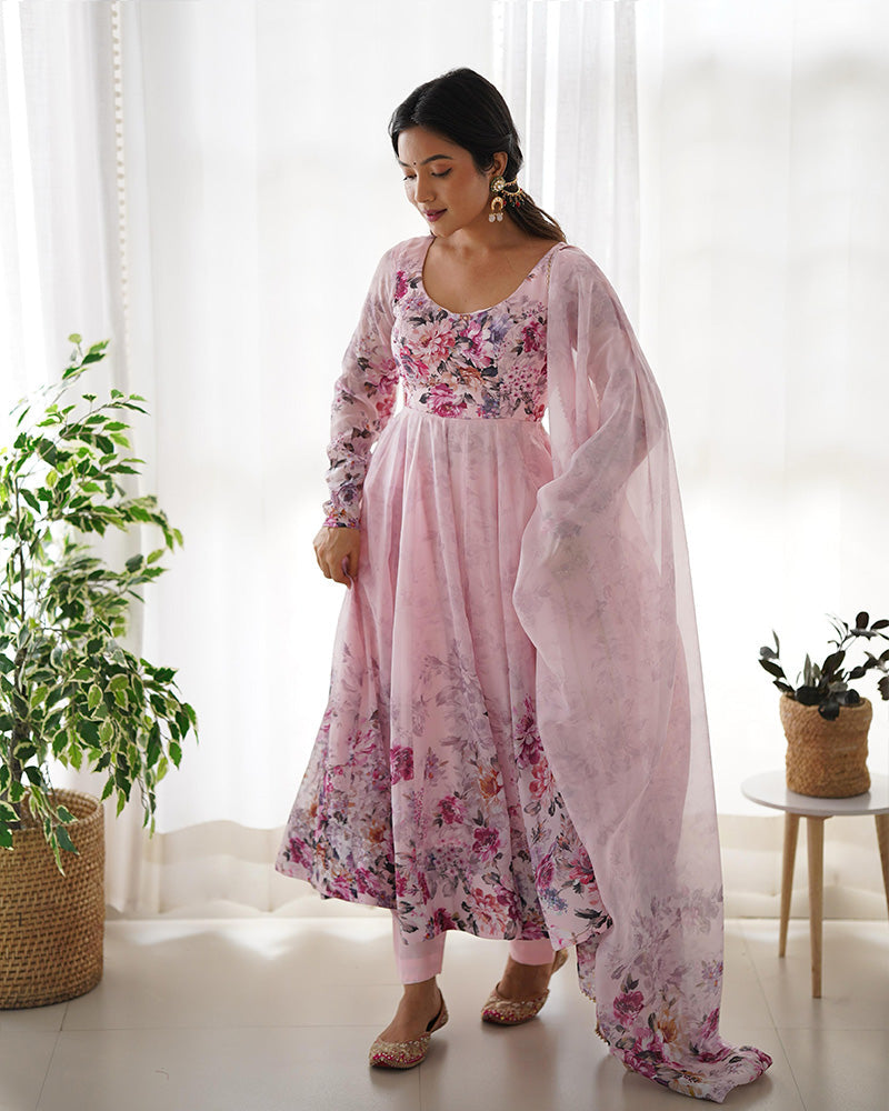 Womenline Baby Pink Color Floral Print Organza Three Piece Anarkali Suit