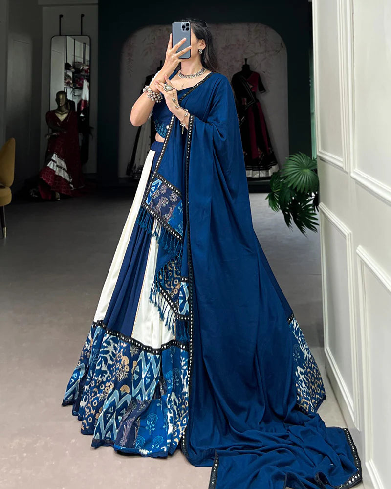 Womenline White And Blue Color Rayon Navratri Lehenga Choli