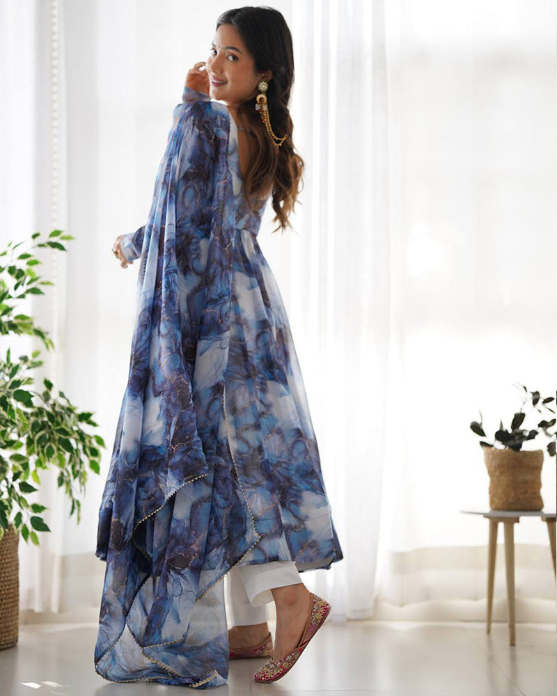 Womenline Navy Blue Color Pure Soft Organza Three Piece Anarkali Suit