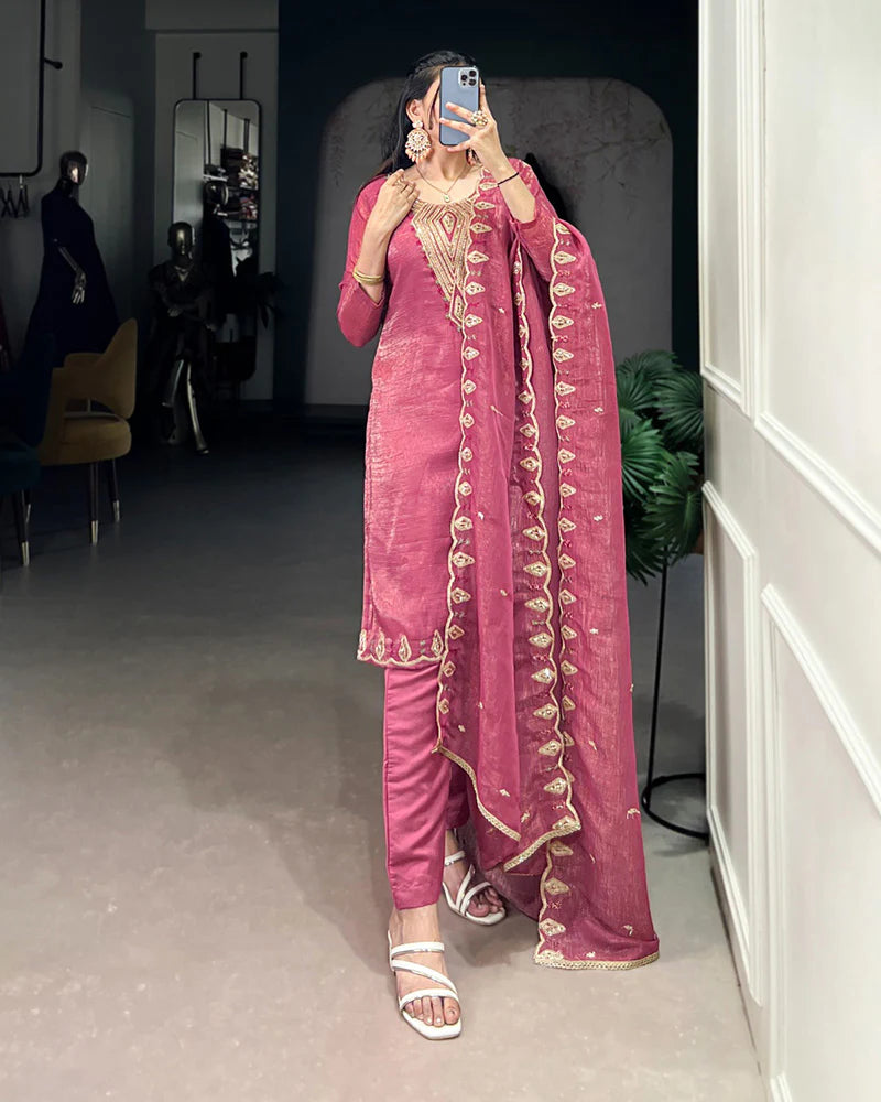 Womenline Pink Color Silver Glory Three Piece Kurti Suit