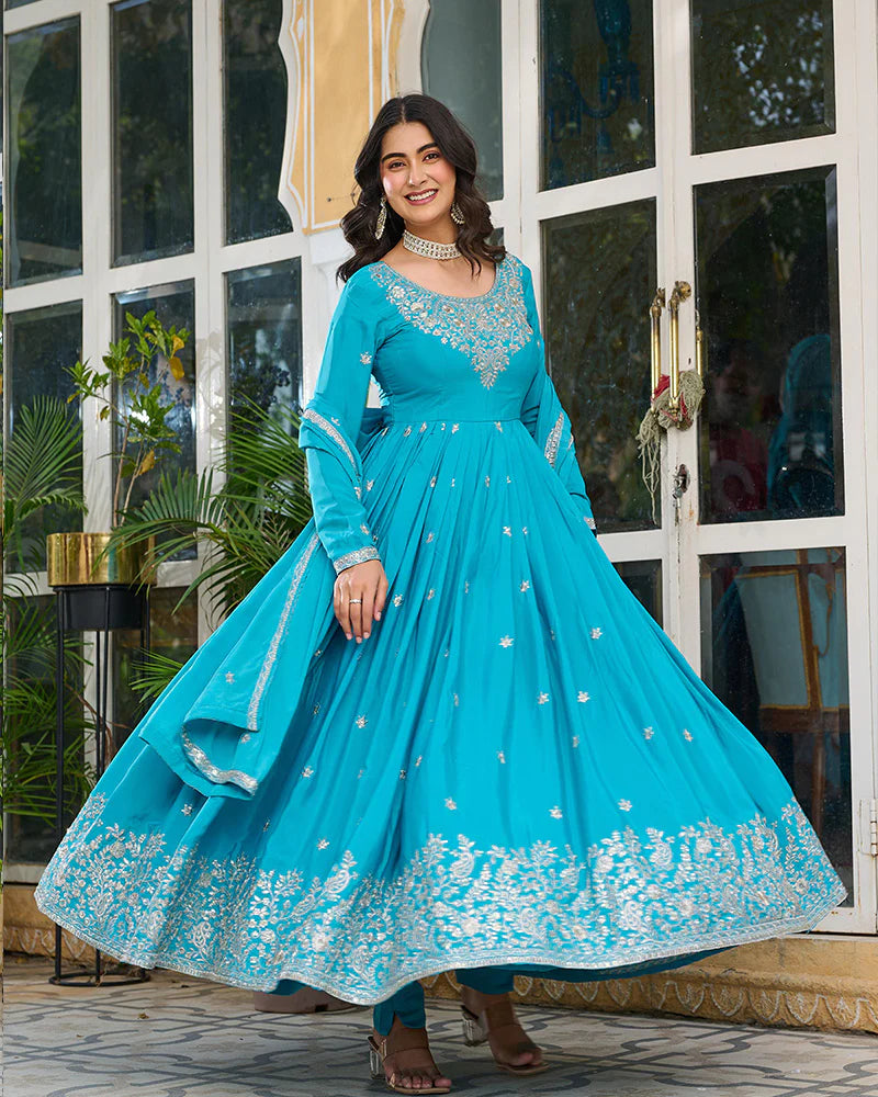 Womenline Sky Blue Color American Silk Thred with Sequnce work Gown