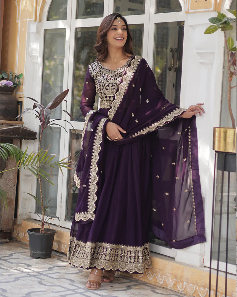 Womenline Violet Color Faux Blooming Embroidered Gown