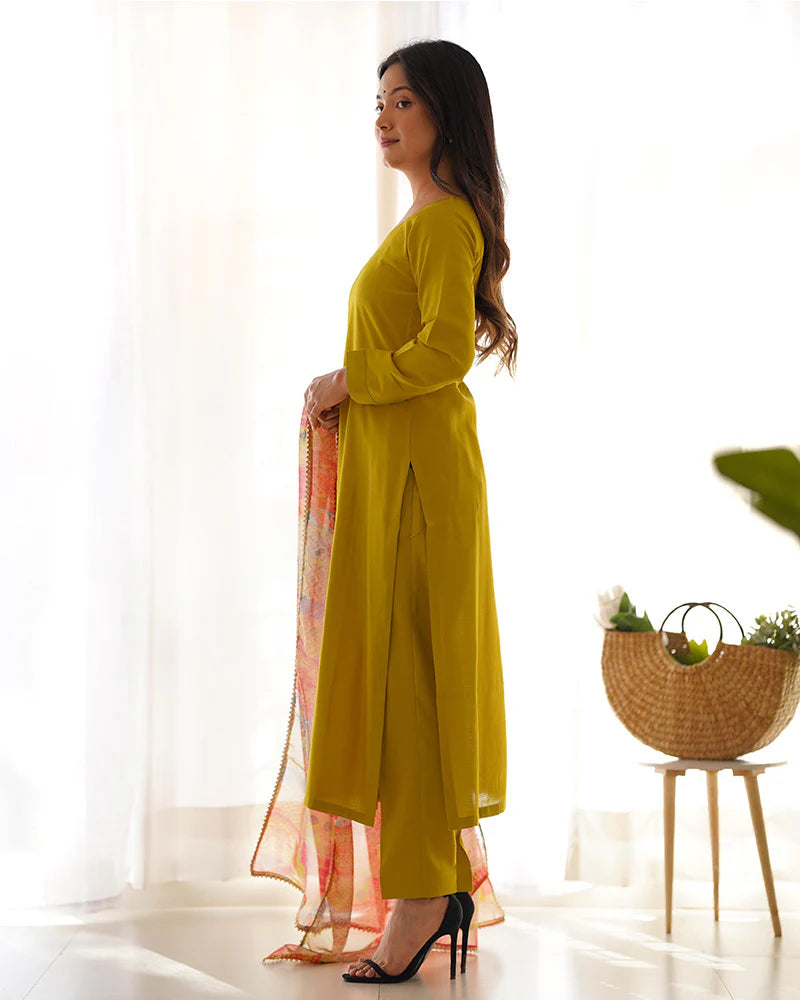 Womenline Yellow Color Viscose Ready To wear Three Piece Kurti Suit