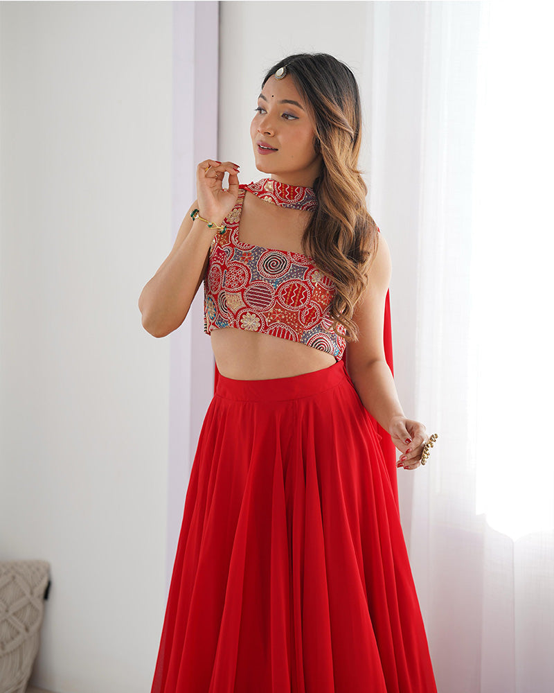 Womenline Red Color Pure Soft Georgette Lehenga Choli