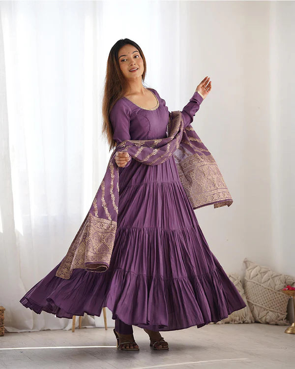 Womenline Dusty Purple Color Pure Roman Silk Ruffle Style Anarkali Suit