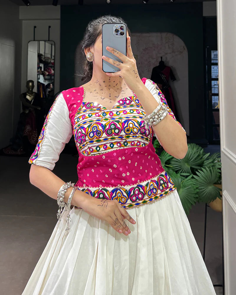 Womenline White Color Cotton Navratri Lehenga Choli