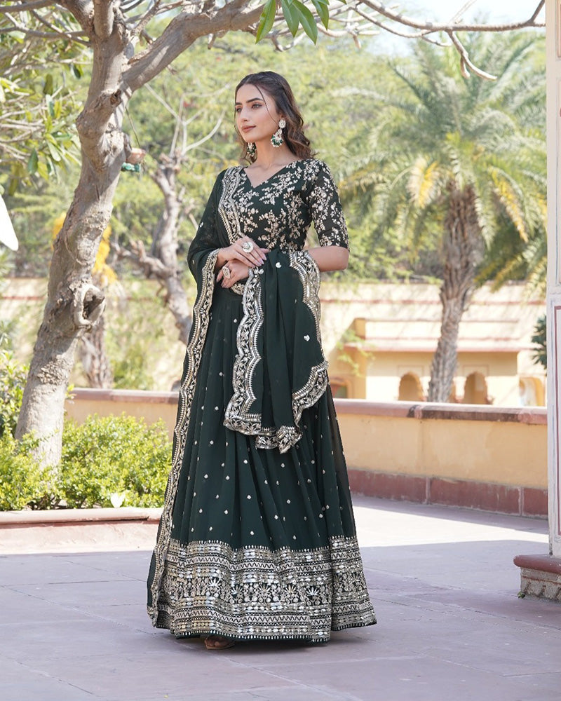 Womenline Wedding Wear Dark Green Color Designer Blooming Semi stitched Lehenga Choli