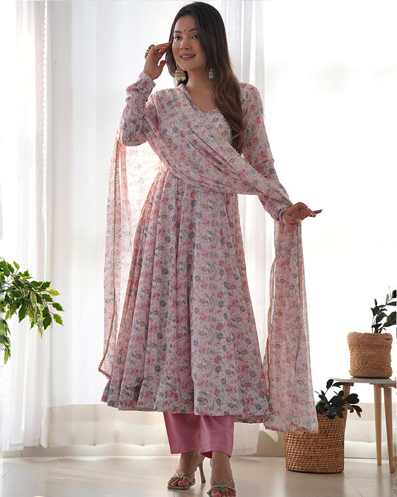 Womenline Baby Pink Color Heavy Chiffon Floral Print With Full Flair Three Piece Anarkali Suit