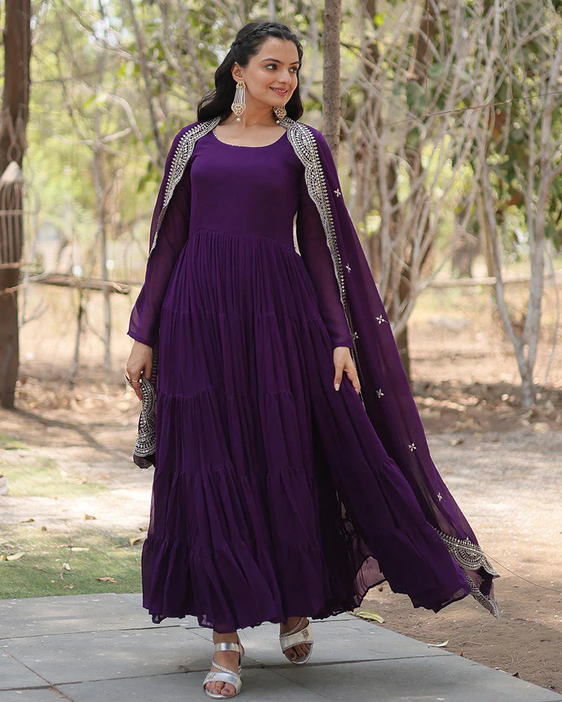 Womenline Purple Color Designer Embroidered Gown With Dupatta