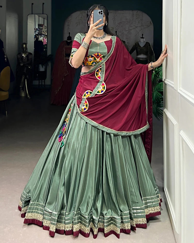 Womenline Graceful Green And Maroon Silk Crape Lehenga Choli With Elegant Dupatta