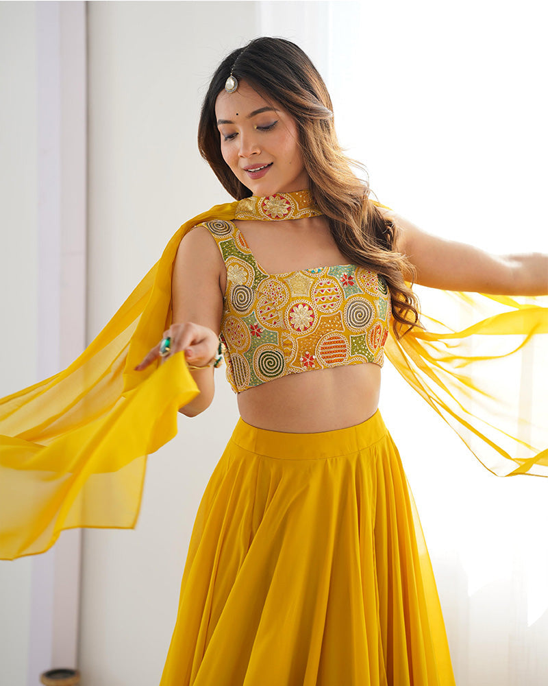 Womenline Yellow Color Pure Soft Georgette Lehenga Choli
