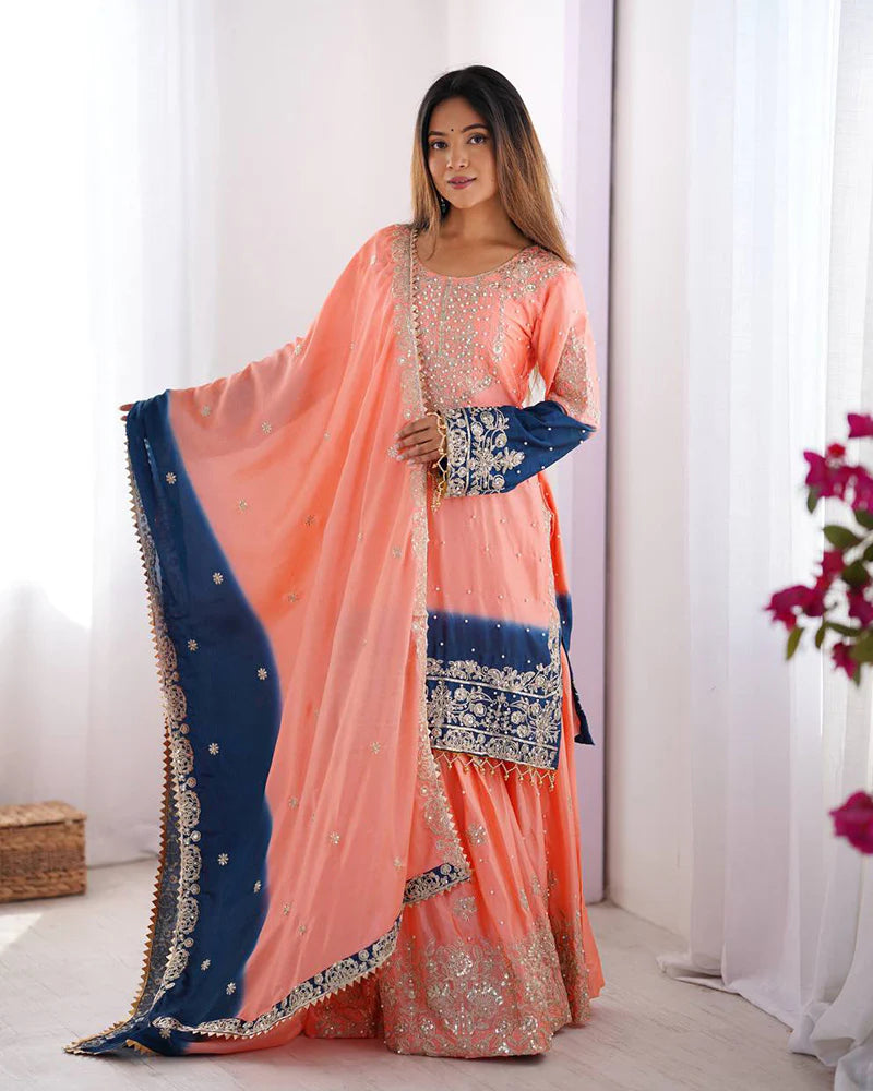 Womenline Peach Color Chinnon Sequence Work Plazzo Suit