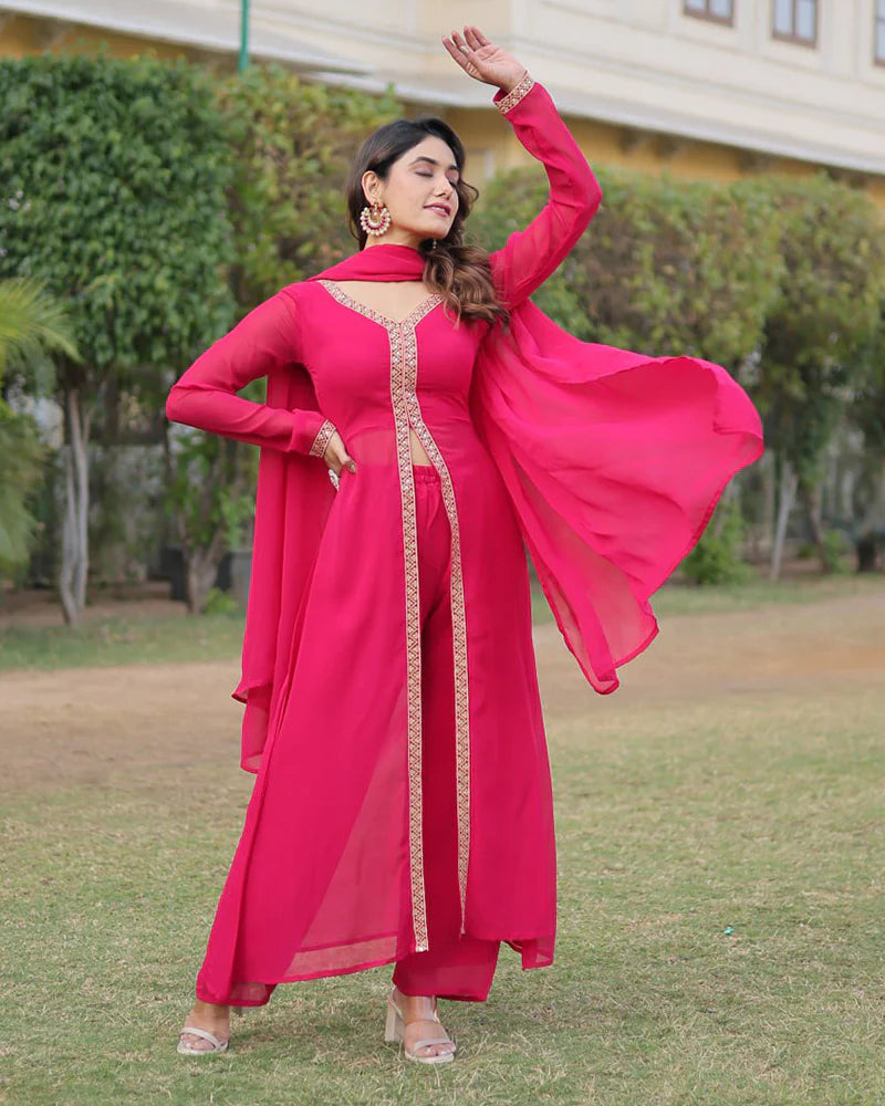 Womenline Western Designer Rani Pink Color Georgette Three Piece Kurti Suit