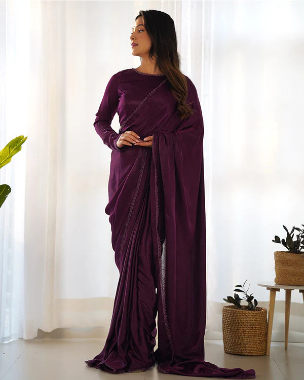 Womenline Wine Color Marble Velvet Saree