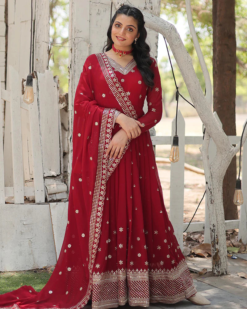 Womenline Designer Maroon Color Faux Blooming Embroidered Gown