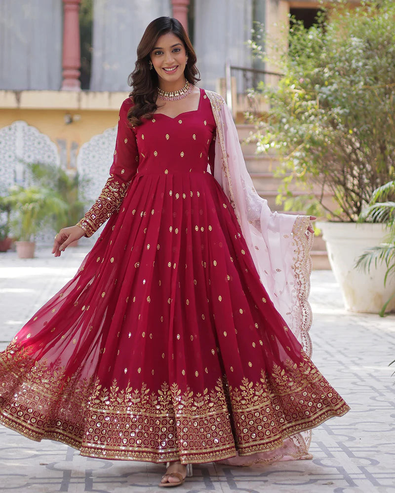 Womenline Royal Rani Color Faux Blooming Zari Embroidered Work Gown