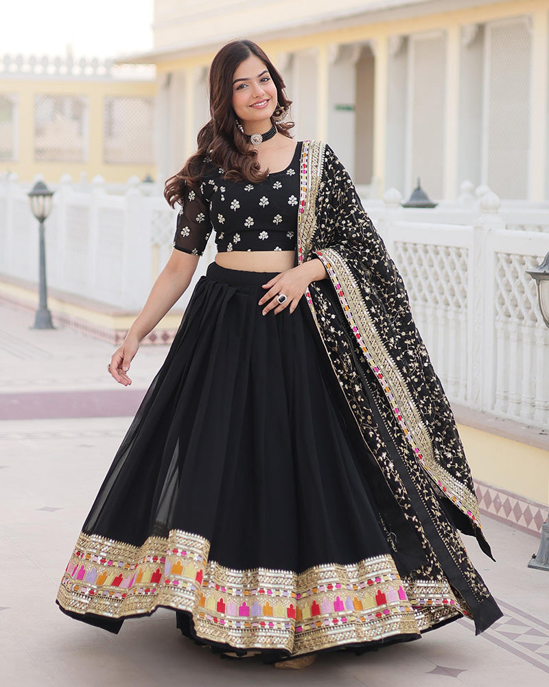 Womenline Black Color Georgette Sequence Embroidered Lehenga Choli