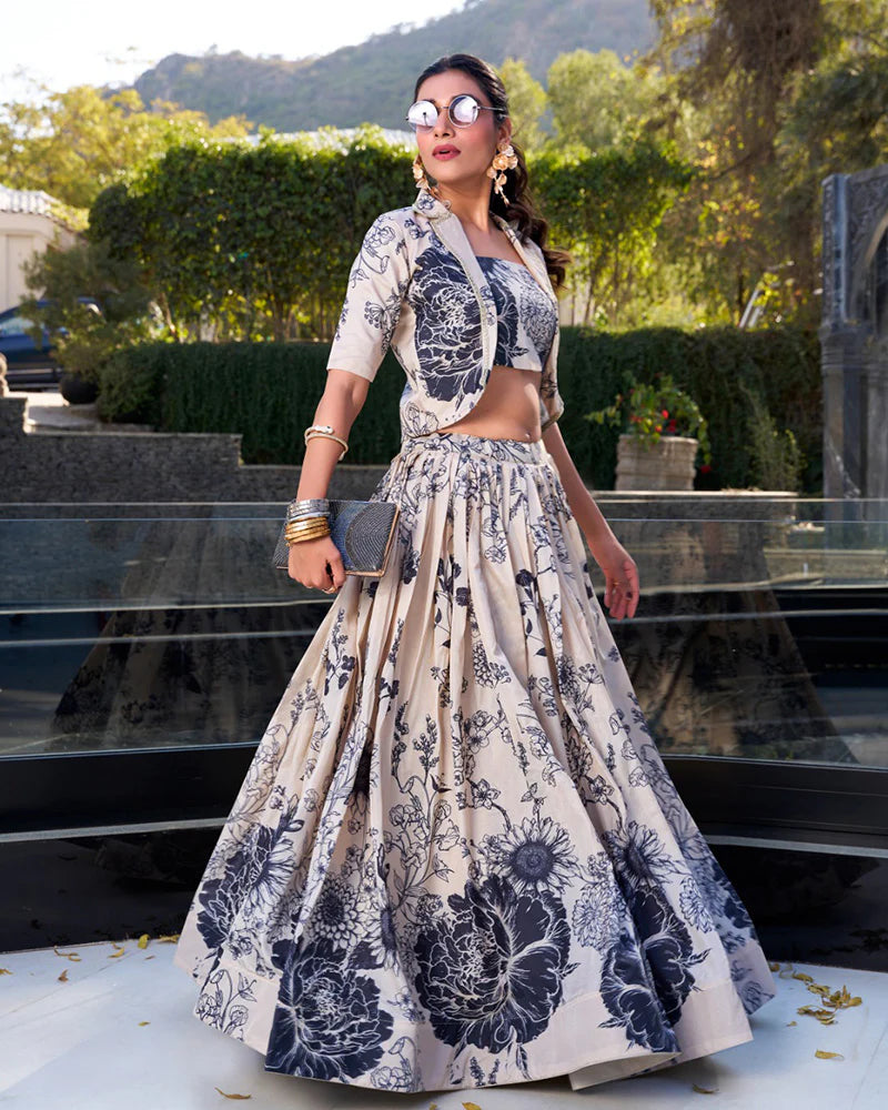 Womenline Cream Color Tussar Silk Lehenga Choli With koti