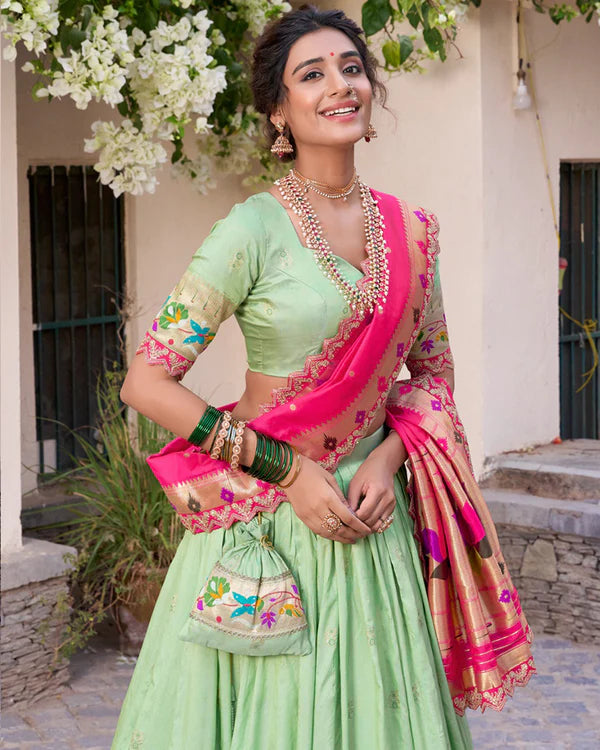 Womenline Pista Color Jacquard Silk Half Saree