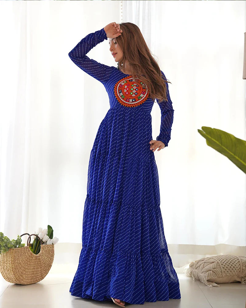 Womenline Royal Blue Color Georgette Laheriya Print Navratri Gown