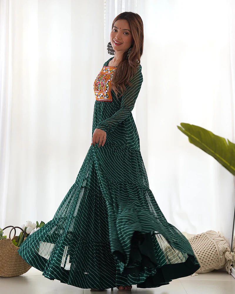 Womenline Green Color Georgette Laheriya Print Navratri Gown