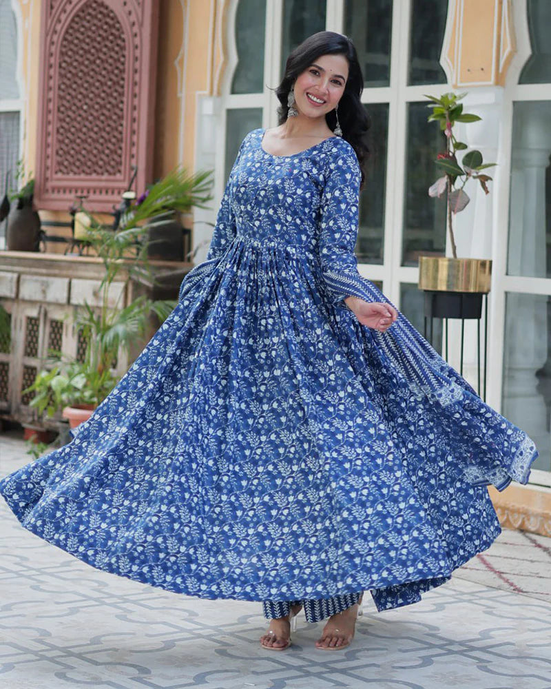 Womenline Blue Color Printed Pure Cotton Three Piece Kurti Suit