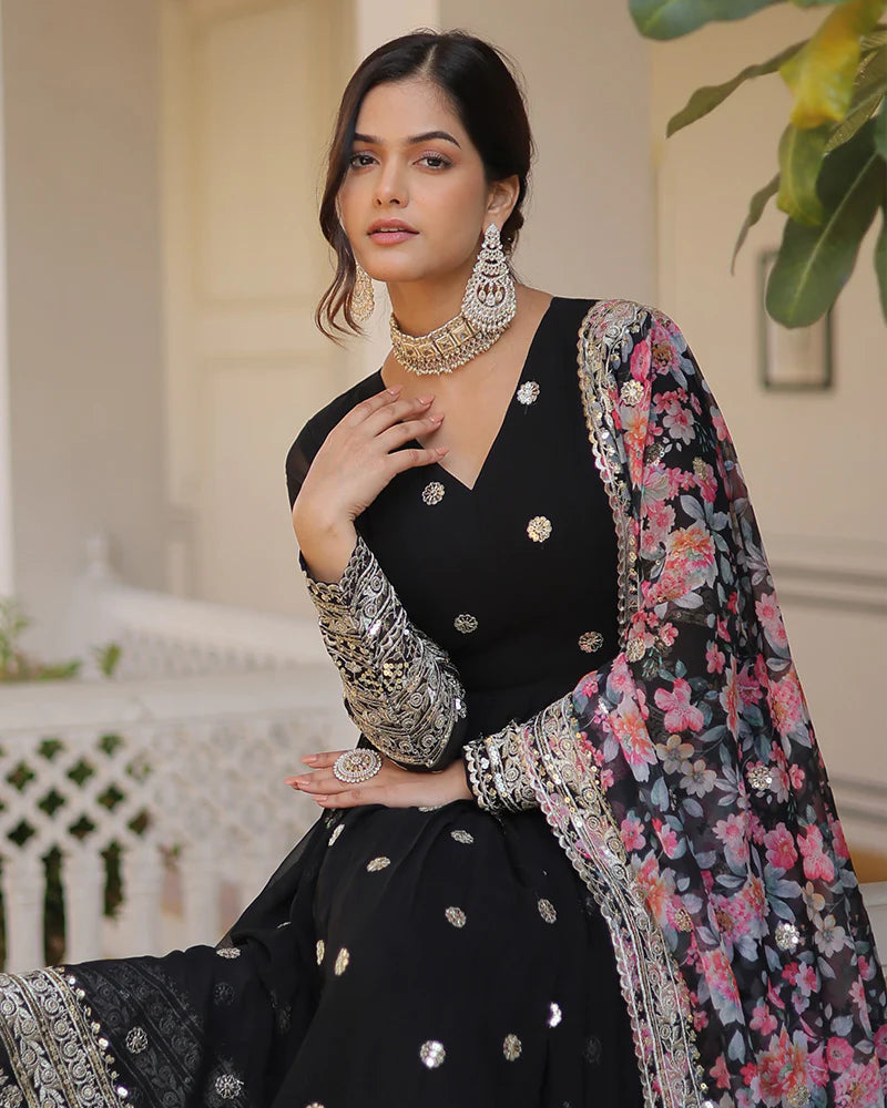 Womenline Black Color Faux Georgette Designer Gown With Dupatta