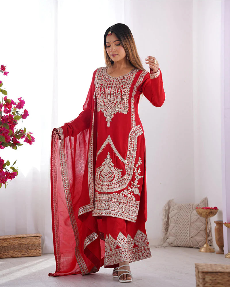 Womenline Red Color Vichitra Silk Three Piece Kurti Suit