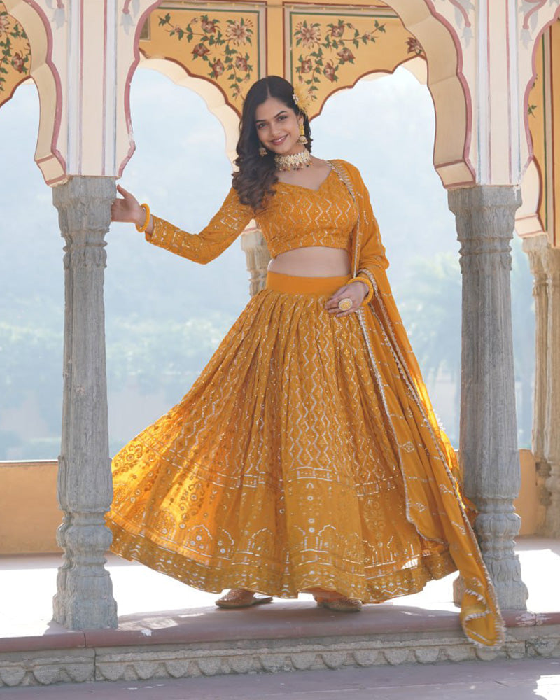 Womenline Yellow Color Georgette Heavy Embroidery Threaded Semi Stitched Lehenga Choli
